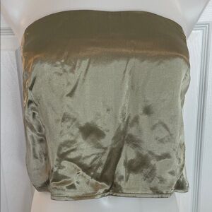 TOPSHOP STRAPLESS CROP METALLIC SATIN SILKY OLIVE GREEN TUBE TOP BANDEAU SZ 12